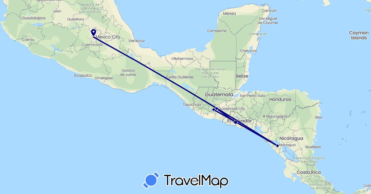 TravelMap itinerary: driving in Guatemala, Mexico, Nicaragua, El Salvador (North America)